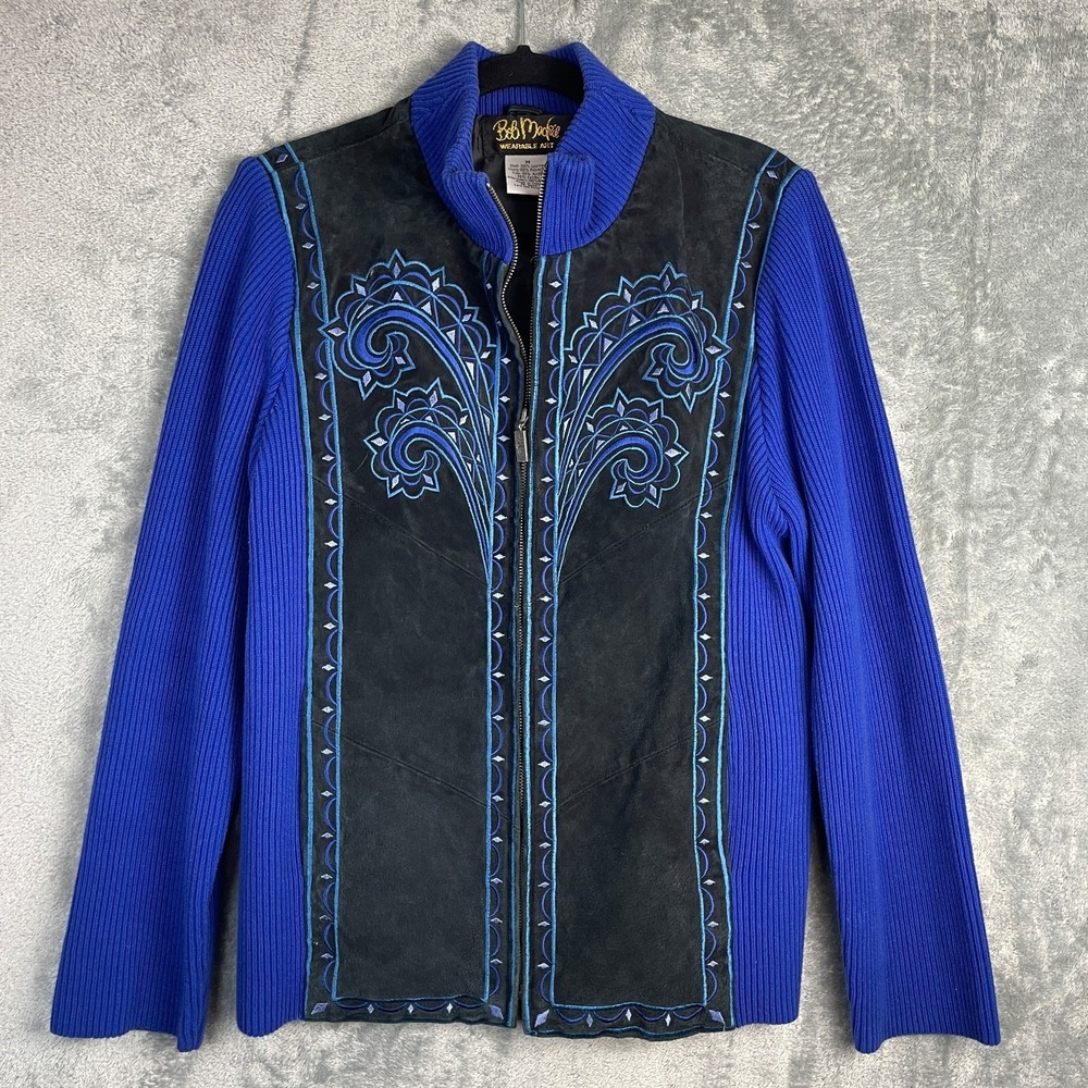 Vintage Bob Mackie Leather Suede Jacket Womens M Blue Western Embroidered READ